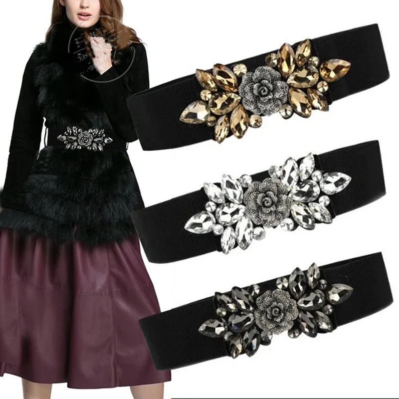 

Suitable For Waist 65- 90cm Crystal Flower Elastic Belt Women Fashionable All Match Dress Decoration Wide Seal Body Accessories