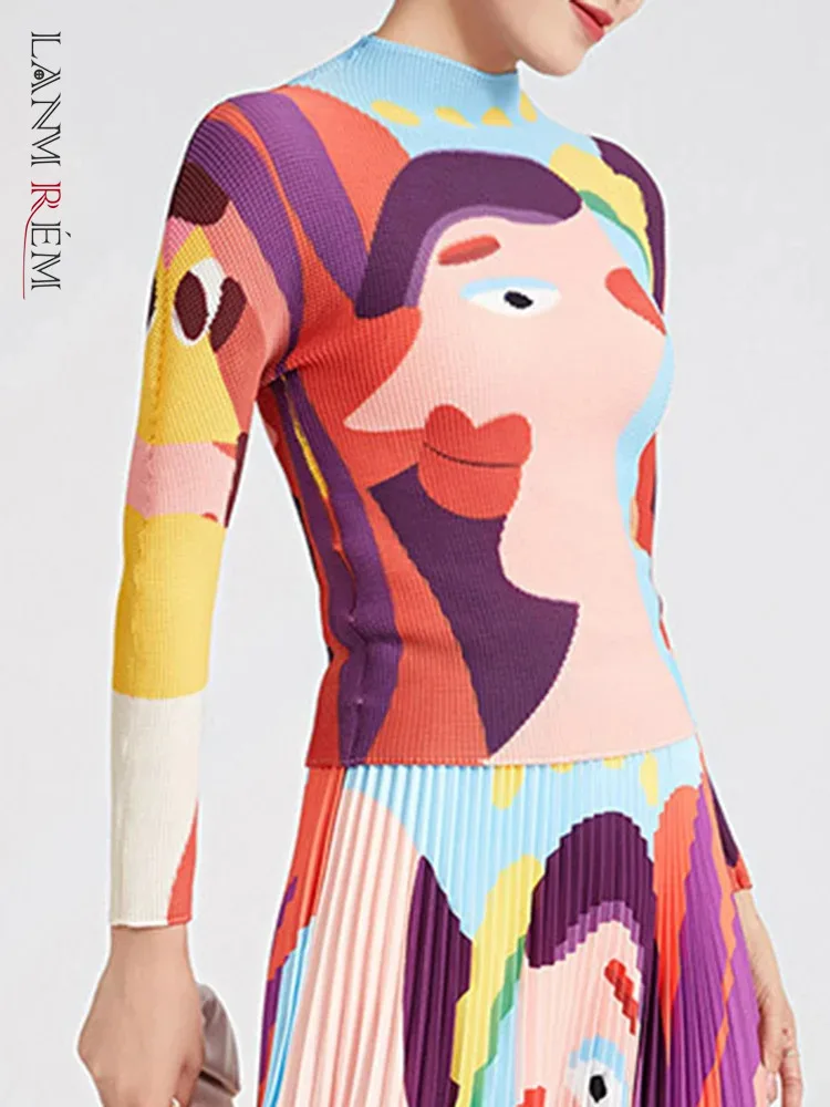 

LANMREM Cartoon Figure Printed Pleated T Shirt Turtleneck Long Sleeves Slim Tops Female Fashion Clothing 2024 Spring New 2DA3161