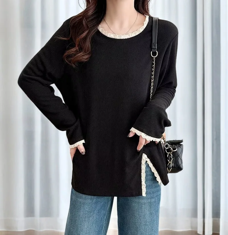2025 Spring Plus Size Women's Top Fashion Lace Long Sleeve Slit T-shirt 100kg Base Tees 308