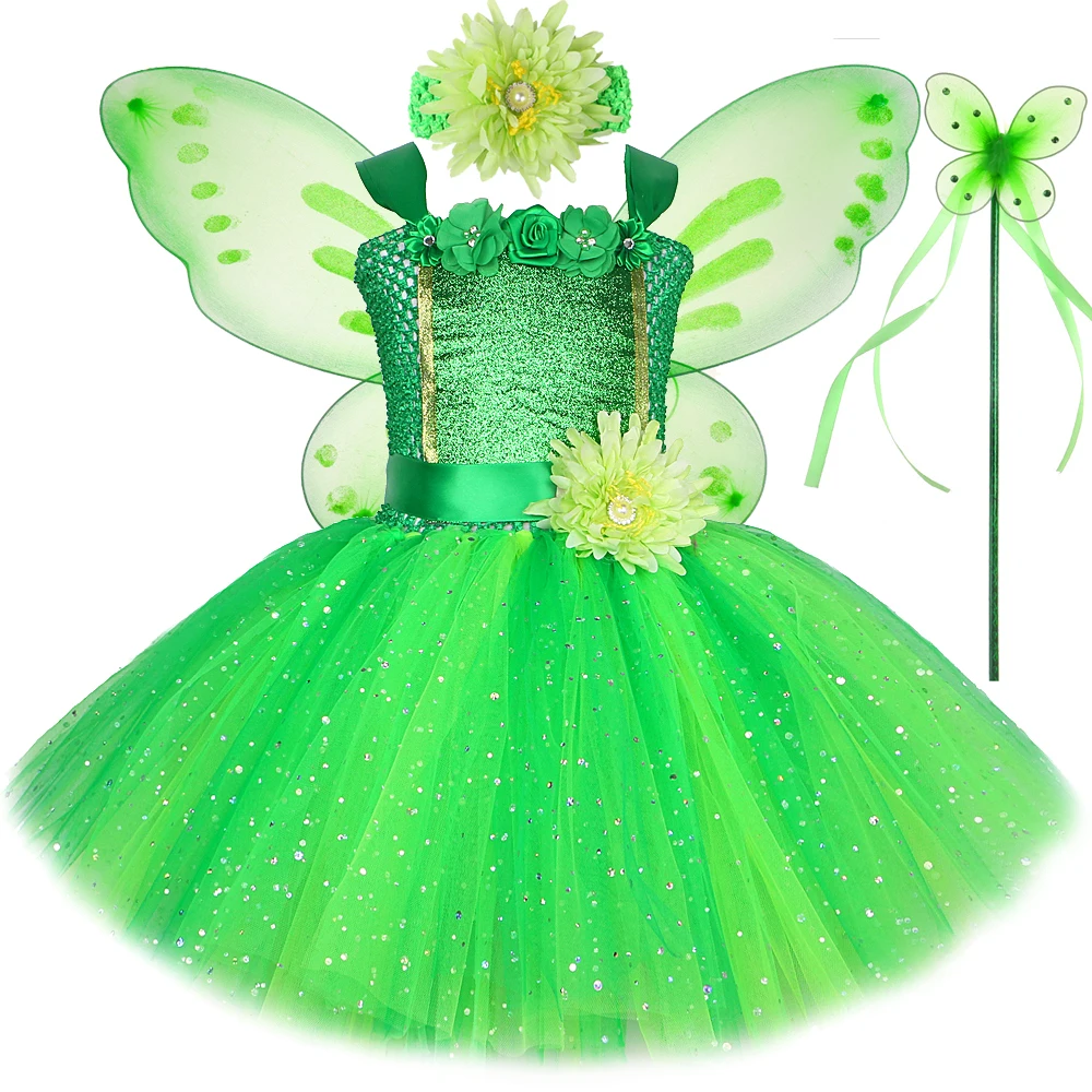 

Glittery Magic Fairy Dress for Girls Birthday Party Tutu Dresses Ball Gown Green Flower Fairy Pixie Princess Costume with Wings