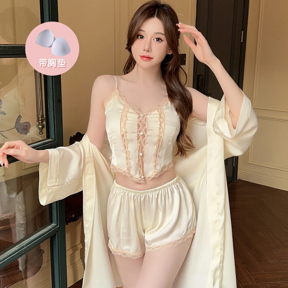 3PCS/Set Luxury Ice Silk Satin Women's Pajama Sets Sexy Lace Patchwork Spaghetti Strap Crop Top With Padded+Sweet Shorts+Robe