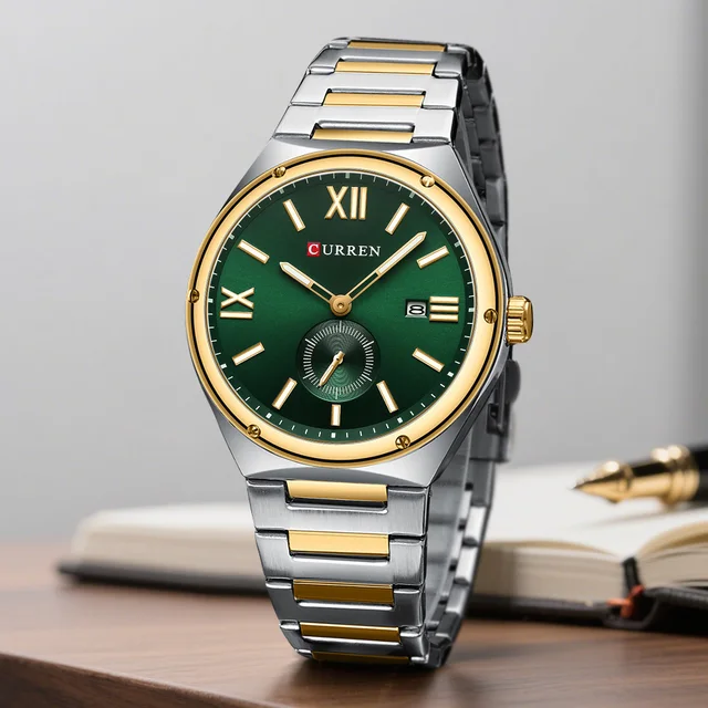 CURREN Fashion Brand Men's Watch with Deep Green Dial Dual-Tone Band Casual Business Quartz Wristwatch