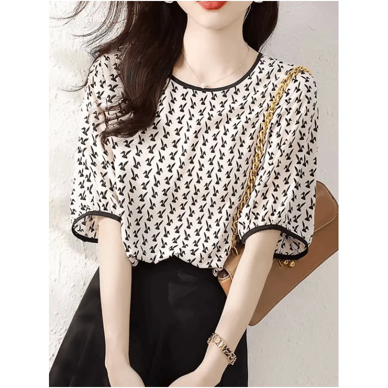 Elegant O-Neck Printed Short Sleeve Chiffon Blouses Women's Clothing 2024 Summer New Loose All-match Tops Office Lady Shirts