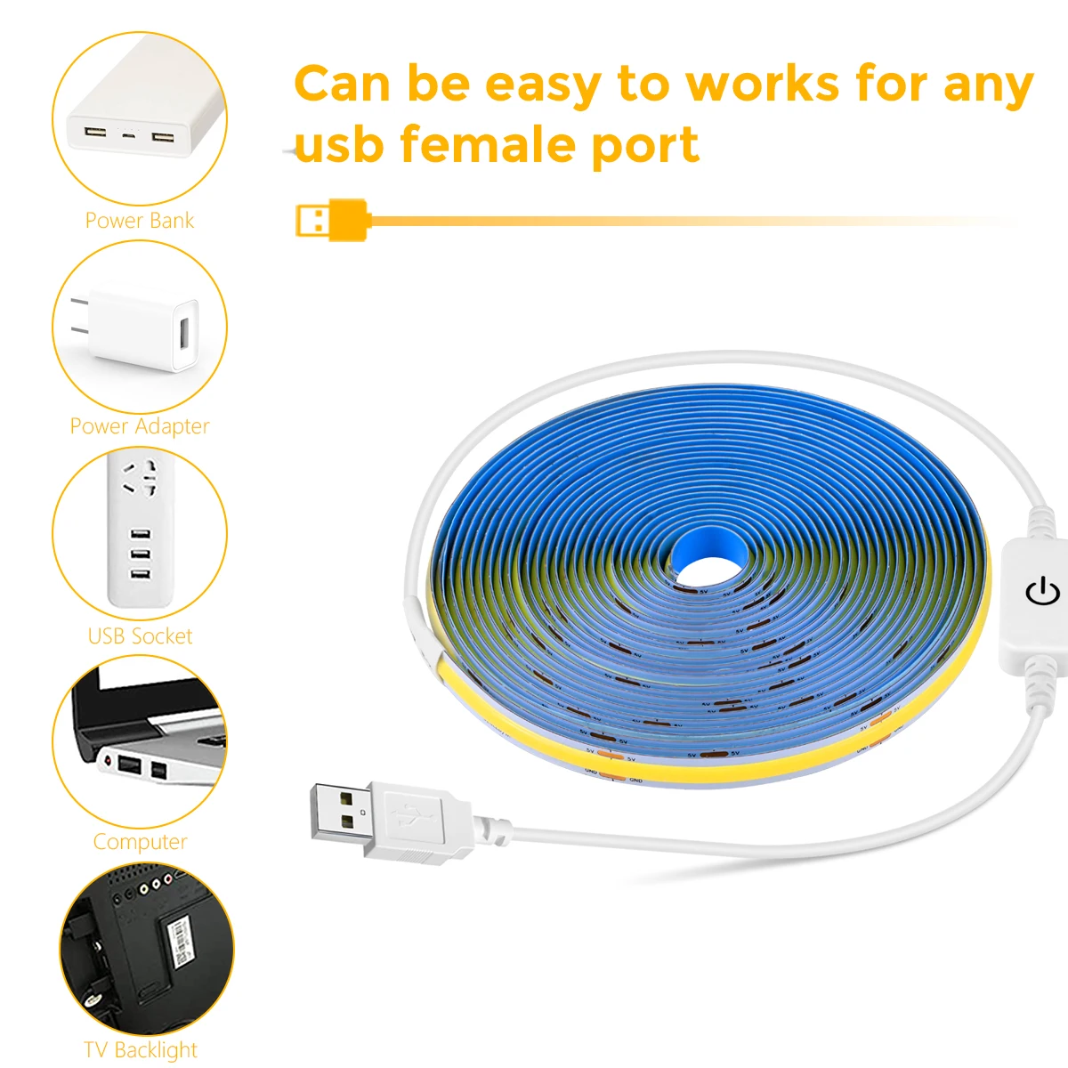 1M-5M USB LED 스트립 빛 5V 320LED/M COB 터치 센서 디밍이 가능한 램프 테이프 DIY TV 미러 백라이트 주방 룸 야간 조명