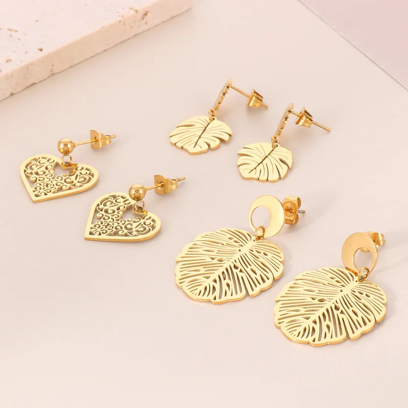 

New Dangle Earrings For Women Gold Color Stainless Steel Foliage Eardrops Wedding Mujer Pendant Jewelry Wholesale