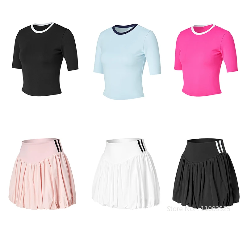 Round Neck Tennis Shirts Women Slim Yoga Sports Cropped Tops Ladies Running Fluffy Bud Skirt High Waist Badminton Skort