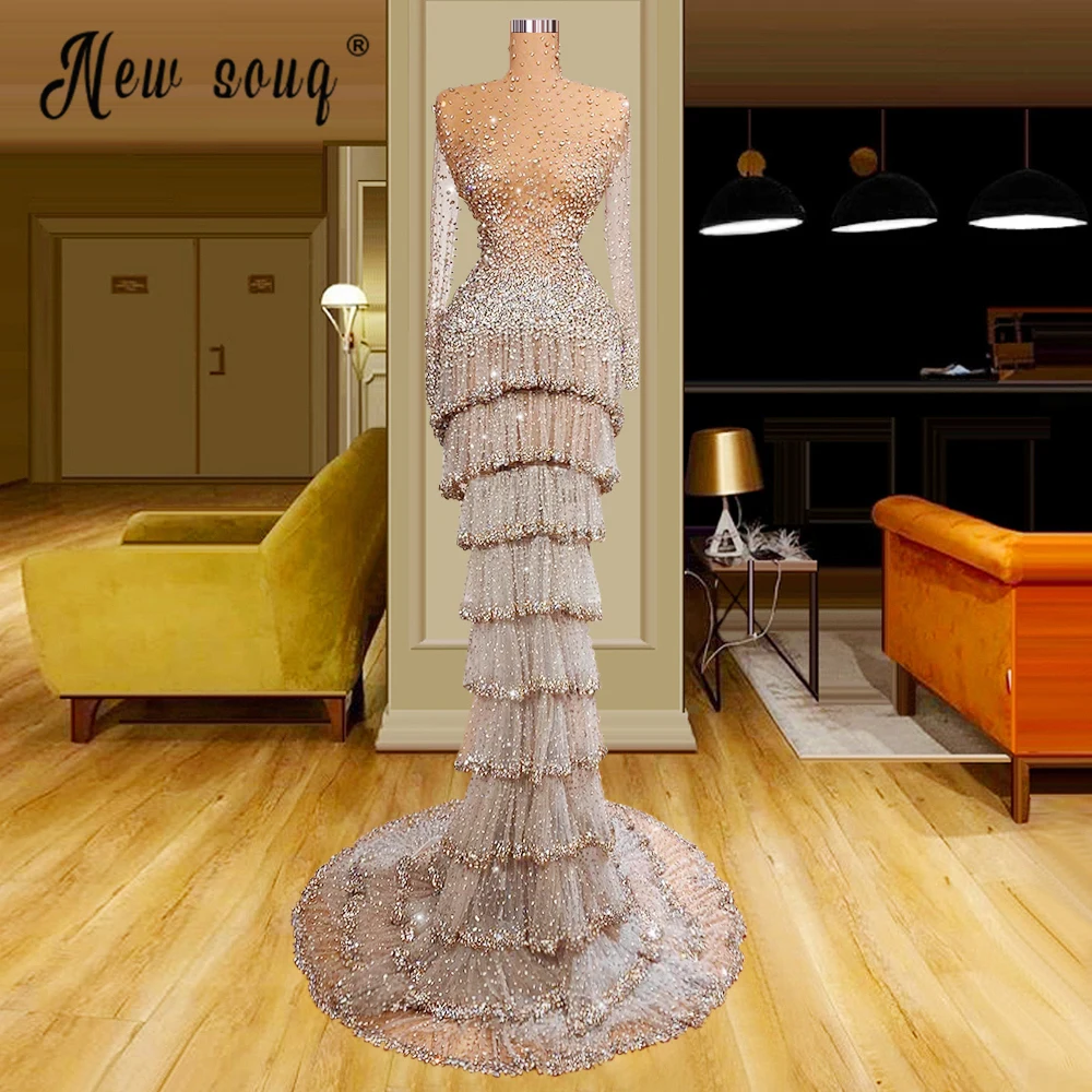 

Dubai Luxury Prom Dress Nude Tulle Heavy Crystals Tiered Evening Gowns Heavy Beaded Champagne Celebrity Party Dresses
