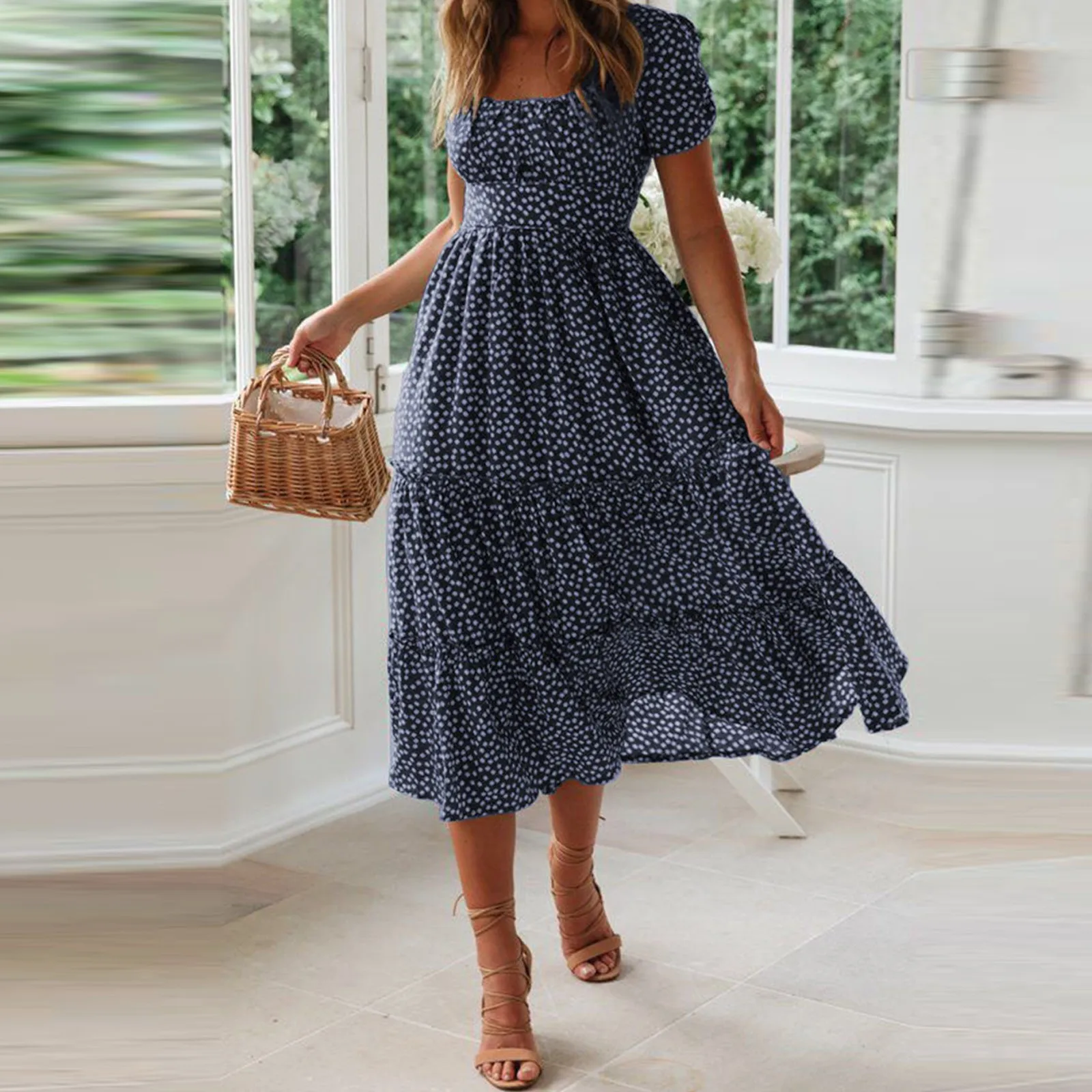 

Vestidos Vintage Vintage Print Puff Sleeve summer Beach sweet dresses Casual Square collar floral maxi long dress 2024 festa