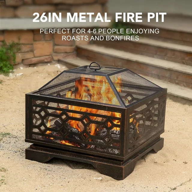 26 Inch Outdoor Wood Burning Fire Pit with Mesh Cover and Fire Poker Large Square Metal Fireplace Ideal for Patio Backyard Gard 3