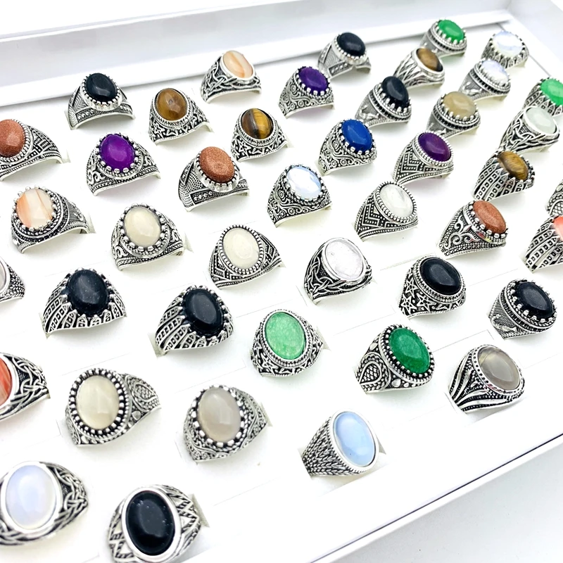 Wholesale 20PCS/Lot Retro Rings For Men Women Natural Stone Silver Plated Fashion Jewelry Accessories