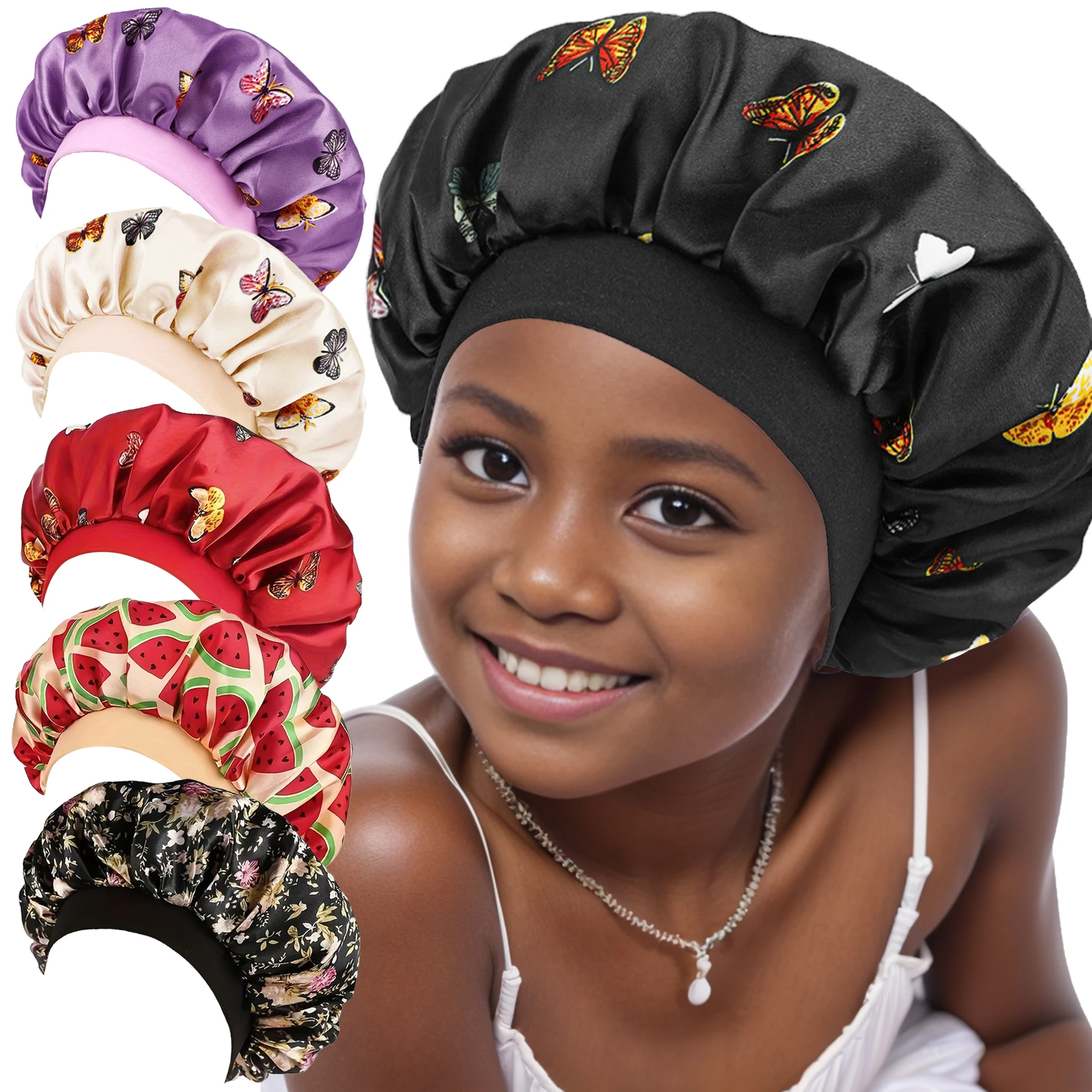 Children kids bonnet cap Bonnet New Wide Edge Elastic Butterfly Printing Sleep Fashion Leisure Home Comfortable Nightcap Hair Cap