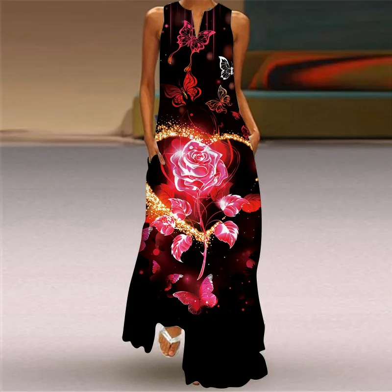

Ladies Spring Summer Grey Long Vestido Maxi Sleeveless V-neck Casual Beach Dresses Elegant Peacocks Print Vintage Elbise Women