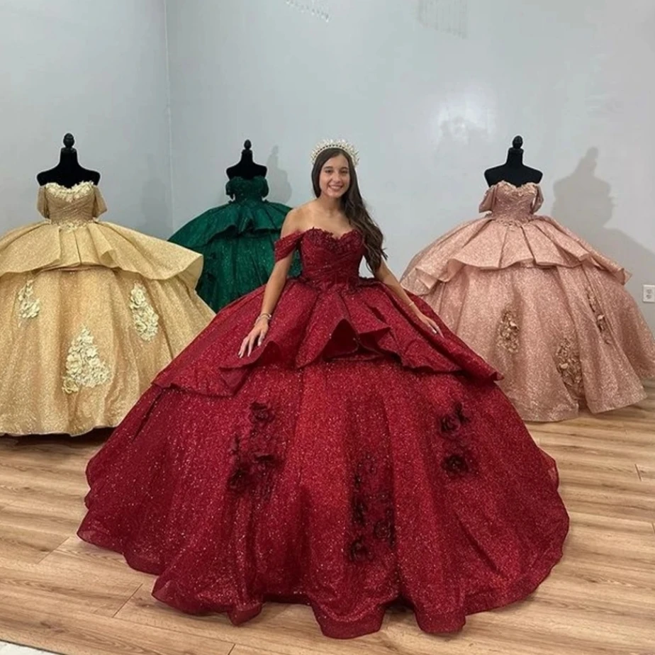 

Бордовые Платья Charro Quinceanera, бальное платье с открытыми плечами, Сверкающие Цветы, мексиканские милые платья 16 лет