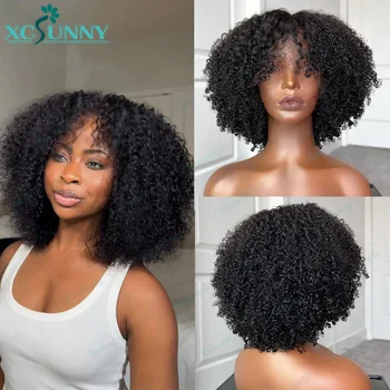 Bang Wig Human Hair Glueless Short Afro Kinky Curly Wigs With Bangs For Women Full Machine Made Curly Bob Wig Natural Color 1