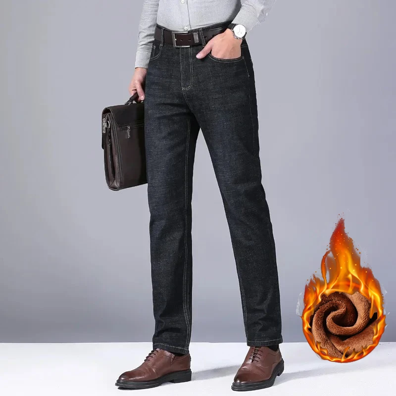 2024 Winter New Casual Men's Warm Fleece Jeans Classic Style Business Thicken Fur Regular Fit Denim Pants Brand Plush Trousers 2