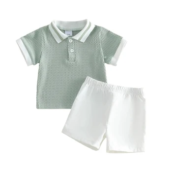 Toddler Baby Boy Shorts Set Short Sleeve Collared Knitted Shirts and Shorts 2 Piece Summer Outfit 1