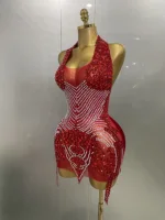 2025 New Sexy Sparkly Rhinestones Halter Backless Mesh Velour Short Dress Women Evening Prom Celebrate Birthday Party Stage Wear - Image 5