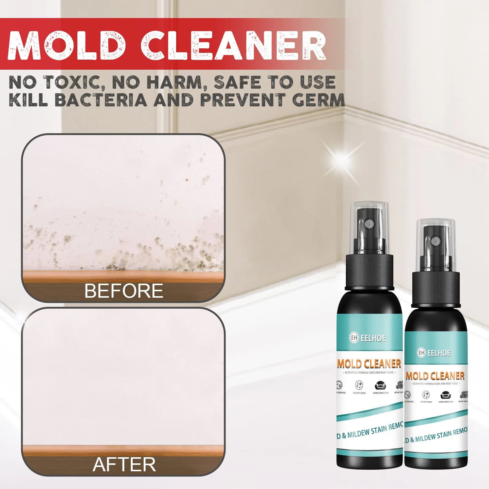 Spray anti-moisissure Eelhoe 30ml/100ml - Nettoyant mural et carrelage en action sur une surface carrelée avec des traces de moisissure
