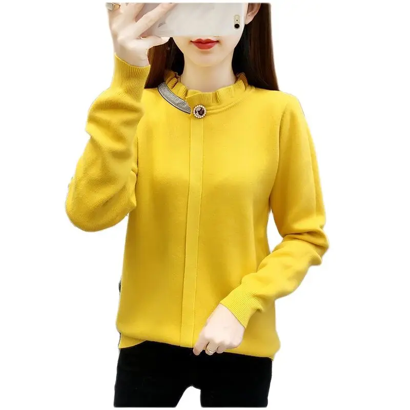 

Autumn Winter Women Sweater Lotus Leaf Collar Long Sleeves Knitted Sweater Fashion Add Velvet Keep Warm Lady Cashmere Pullover