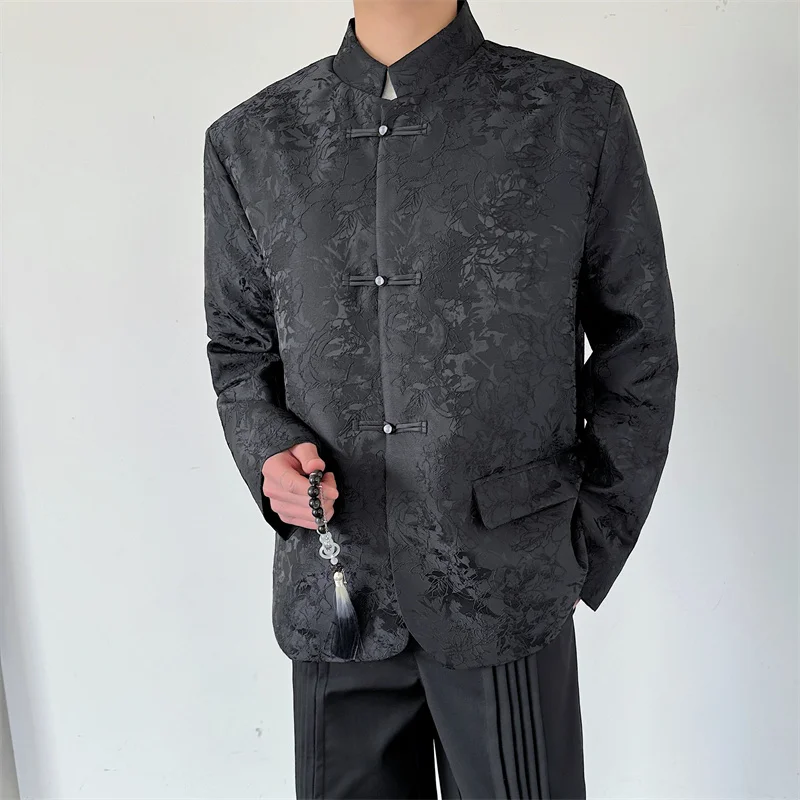 

SYUHGFA New Chinese Style Men's Blazer Jacquard Dark Flower Pearl Plate Buckle Suit Coat Male Fashion 2024 Spring Stand Collar