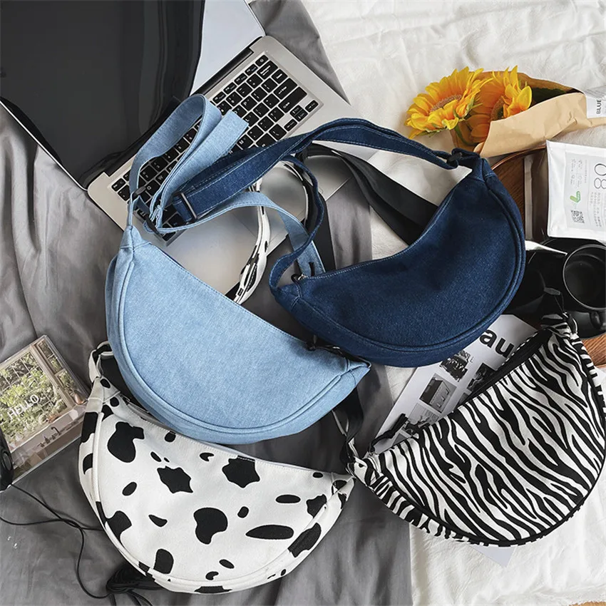 

2021 Zebra Pattern Messenger Bag Large Capacity Dumplings Waist Bag Cow Pattern Denim Blue High Quality New Fashion Black White