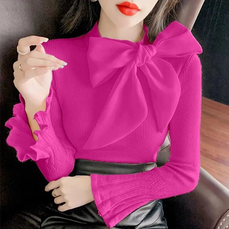 Solid Color Flare Sleeve Knitted Bow Blouse 
