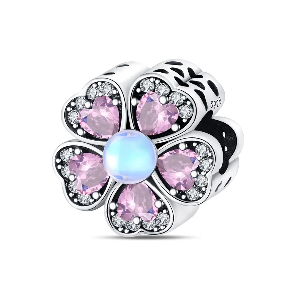 

Exquisite 925 Sterling Silver Pink Five Leaf Flower Heart Hollowed Out Charm Fit Pandora Bracelet Women's Camping Accessory