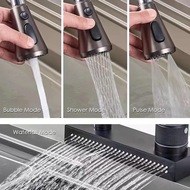 Pull-OUT ก๊อกน้ําห้องครัวอ่างล้างจานอ่างล้างหน้าก๊อกน้ํา 4 โหมดปรับเย็นและน้ําร้อนก๊อกน้ําสีเทาห้องน้ํา Mixer TAP Deck ติดตั้ง 5