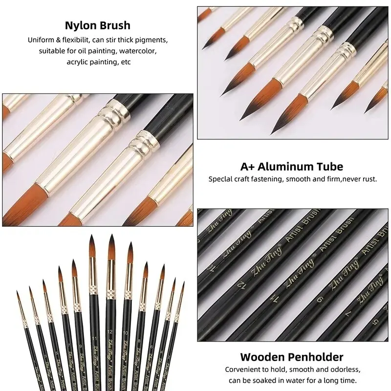 12pcs Professional Watercolor Paint Brushes Set Round Pointed Tip Nylon Hair Artist Acrylic Brush For Acrylic Watercolor Oil