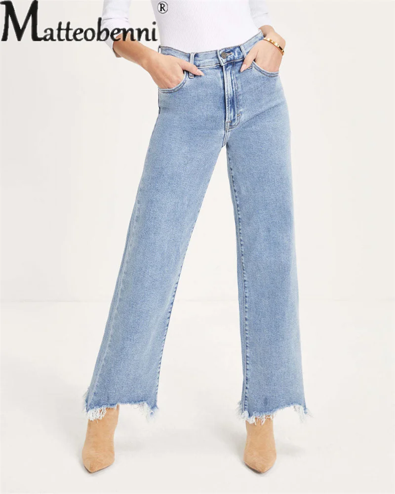 2023 Summer Simple Style Jeans Women's Trend Pants Leg Irregular Splicing Tassel Street Comfortable Casual Denim Trousers Female