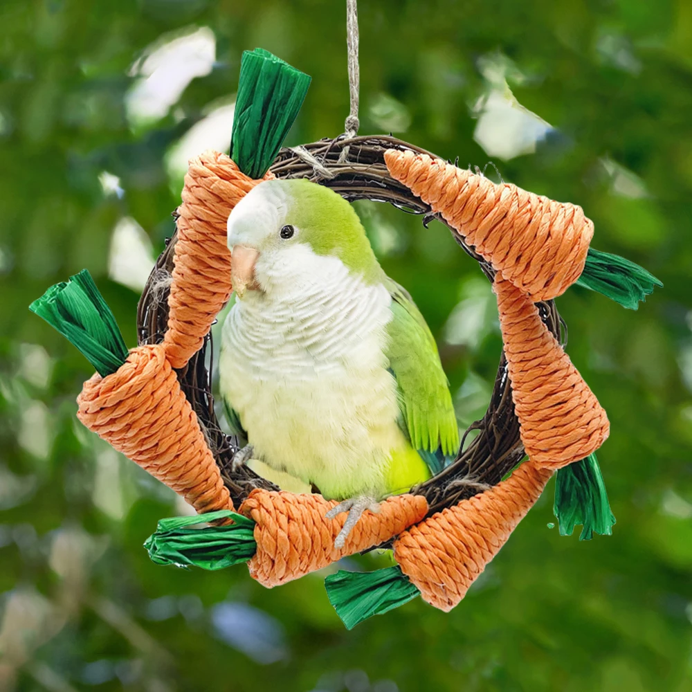1 PC Round Rattan Carrot-shaped Parrot Chew Toy Climbing Gnawing Swing Toy for Small Animal Birds Hamster Rabbit Cage Decoration