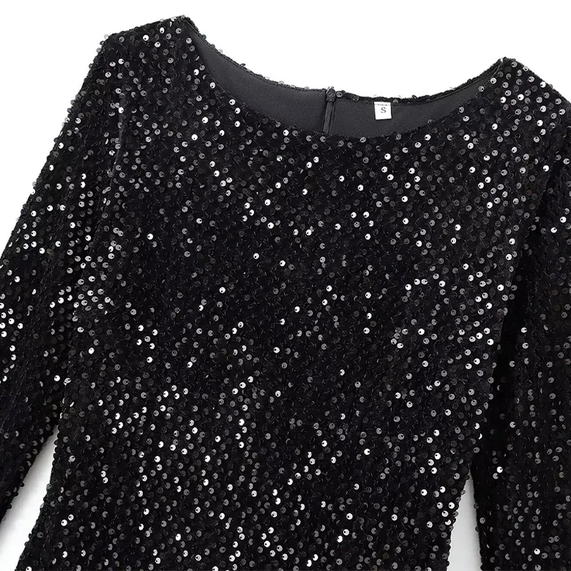 Vestido corto sexy con lentejuelas Y2K y volantes para mujer, elegante, sin espalda, cuello redondo, manga larga, negro, ajustado, para fiesta de otoño