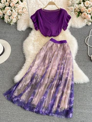 Summer Purple Vintage Knitted Two Piece Sets Women Sexy V-neck Knitted Top High Waist Mesh Pleated Long Skirts Elegant Suits
