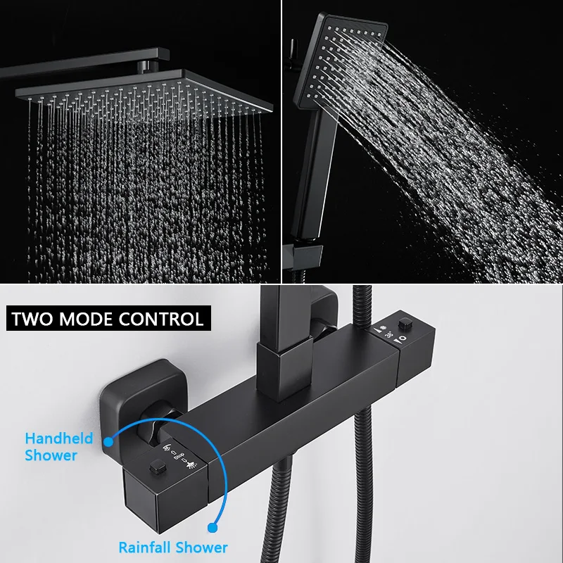 ROVATE Matte Black Thermostatic Shower System Wall Mounted Dual Function Bathroom Constant Temperature Faucet Combo Set shower set