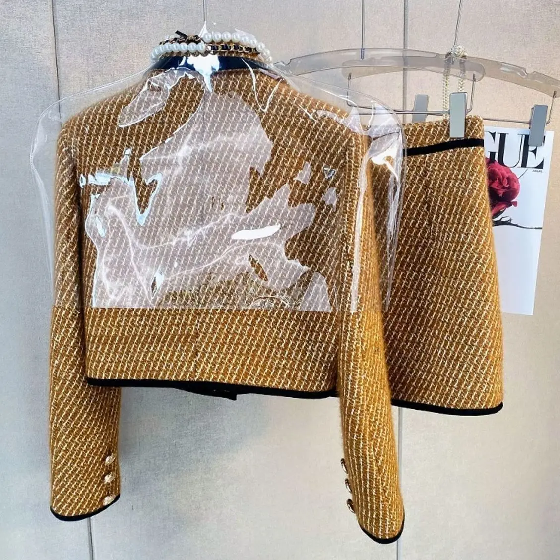 Women Elegant Vintage Tweed Luxury Suit Jacke Coat Top And Skirt Two Piece Set Yellow Outfit Winter Jacquard Prom Party Clothing