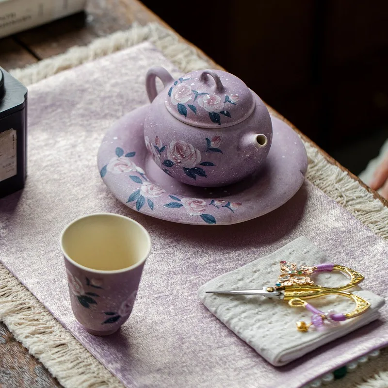 Hand Painted Purple Monet Rose Ceramic Teapot Large Capacity Gongfu Tea Set for Home Decor Chinese Style Tea Ceremony Gift