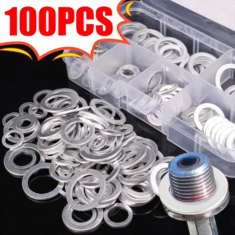Aluminum Flat Washers Assortment Kit M6 M8 M10 M12 M14 M16 Metal Gasket Rings Oil Drain Washers 100 Pieces Set