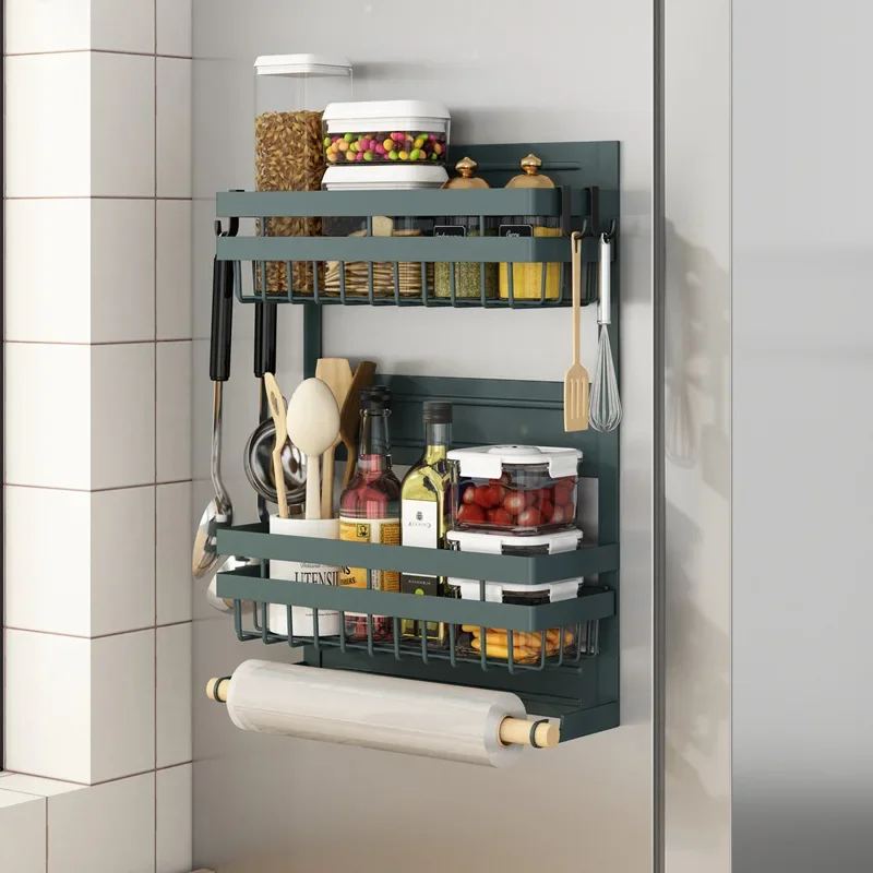 Magnetic Refrigerator Shelves 2 Layers Kitchen Wall mounted Side Refrigerator Storage Rack Bag Seasoning Storage Organizer