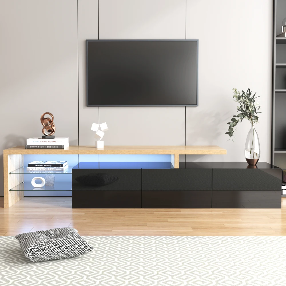 Moderner Wohnzimmer-TV-Schrank, mit LED-Beleuchtung, Praktischer Stauraum, Hochglanz-Schwarz TV-Ständer, Holzoptik, Glasböden – Detail 12