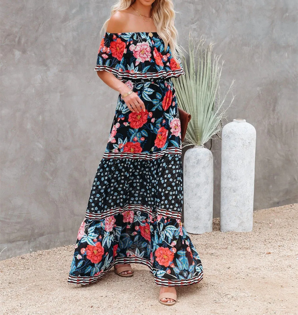Flower Print Off Shoulder Long Dresses For Women Spring Summer New Fashion Temperament High Waist Leace-up Dress Female Vestidos 46 undefined