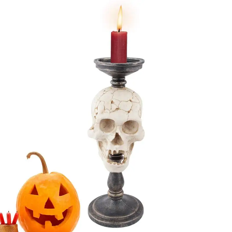 

Halloween Candle Stick Holder 33cm/13inch Skull Candle Stick Holder Resin White Skull Statue Decorative Halloween Votive Candle