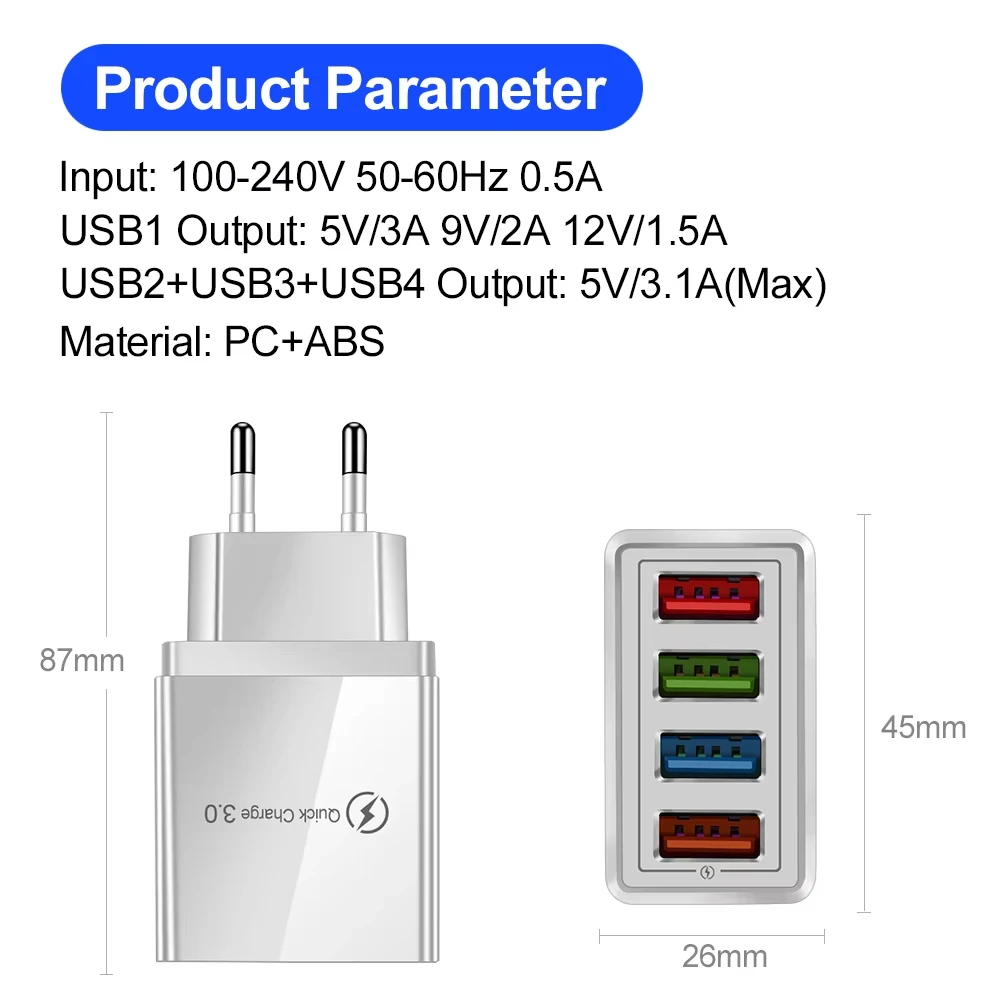 3A USB Charger 4 Port Quick Charge 3.0 EU US Plug Mobile Phone Wall Adapter