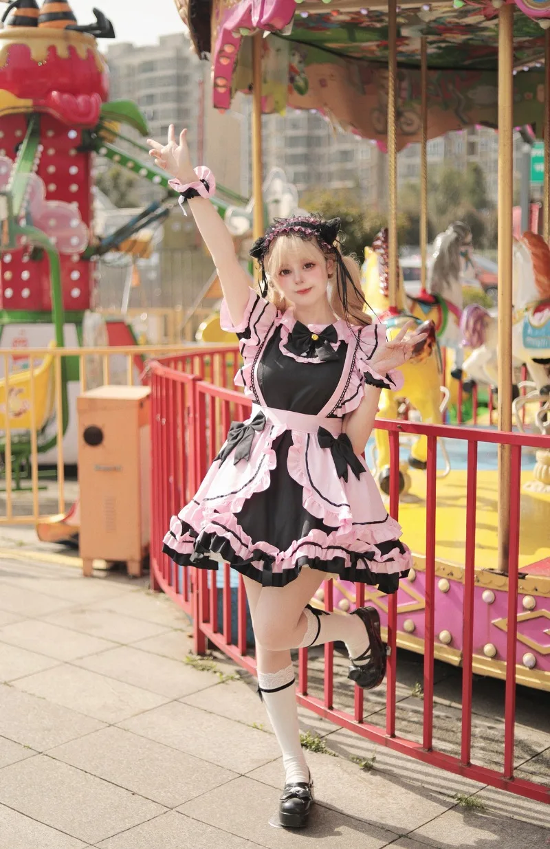 Anime Gothic Lolita JSK Kleid Kurzarm Kawaii Bow Maid Cosplay Harajuku Cute Pink Black 14