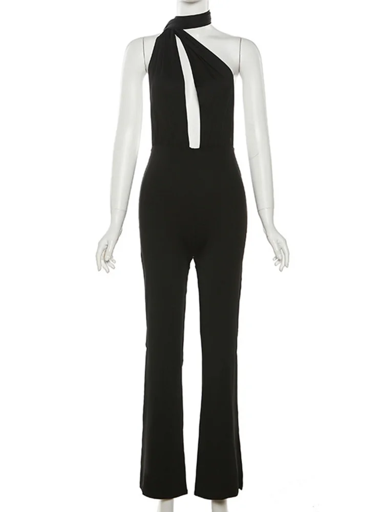 Sibybo Stylish Micro Jumpsuit Sexy Halter Slim-fit One-piece Pants Solid Color High-waisted Bell Bottoms Women Streetwear