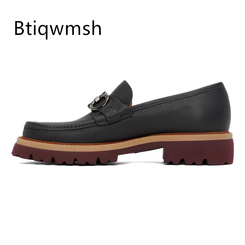 

Metal Decor Loafer Shoes Man Pointed Toe Cow Real Leather Thick Botom Flats For Male Party Shoes