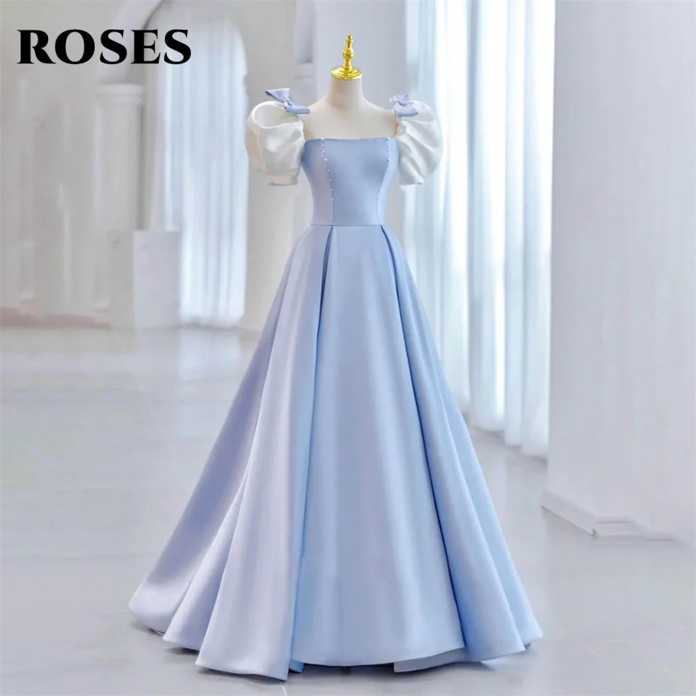 

ROSES Light Blue Stain Evening Gown Square Collar with Bow Stain Prom Dress Lace Up Back Wedding Evening Dress robes de soirée