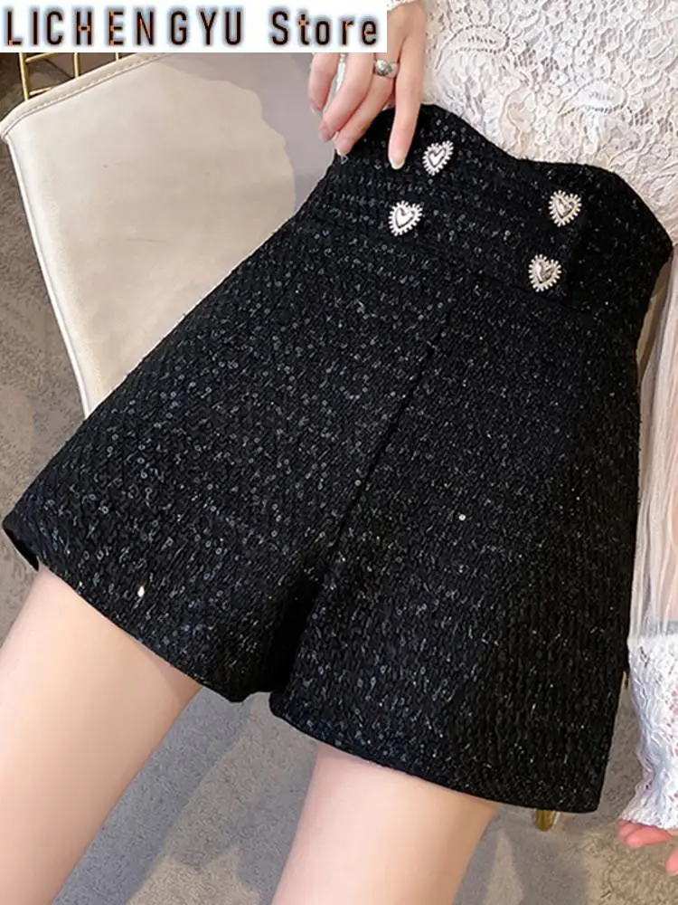 New Women Fashion Front Love Metal Buttons Tweed Shorts Vintage High Waist Woolen Female Short Pants Mujer