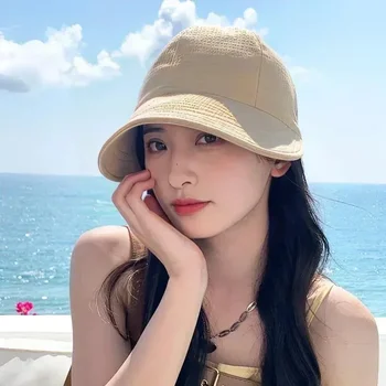 Solid Color Summer Sun Hat Foldable Wide Brim Bucket Hat Adjustable Outdoor Beach Panama Caps Ponytail Fisherman Women Cap