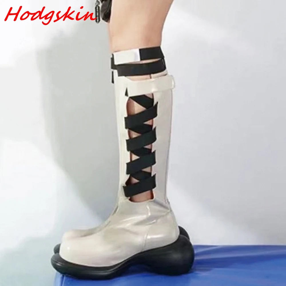 Riband Cross Tied Boots for Women Round Toe Hollow Mixed Colors Lace Up Strange Style Mature Belt Buckle Fashion Knee High Boots