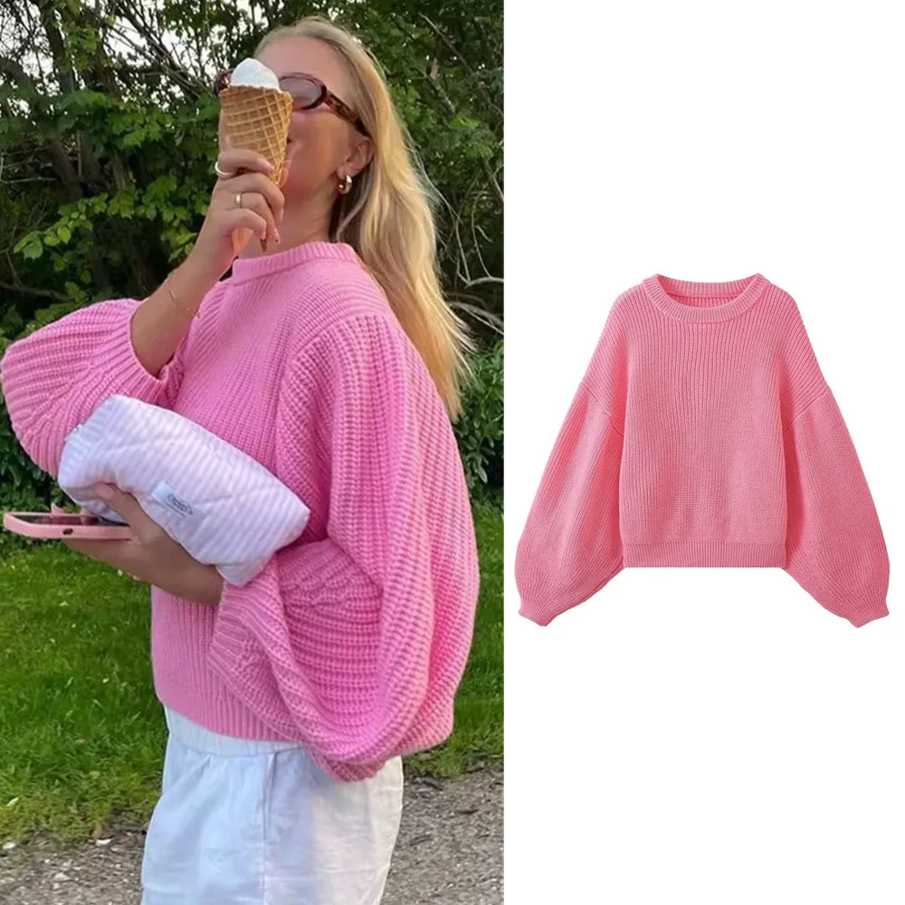 

Autumn new short style French chic loose and fashionable round neck long-sleeved sweater versatile lazy style pullover sweater